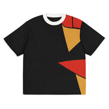 Load image into Gallery viewer, A black short-sleeve knit t-shirt with a white crew neck collar and a bold geometric pattern of red and mustard yellow shapes on the right side, shown flat against a white background.
